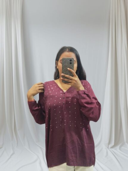 maroon long-sleeved kurti-style tunic
